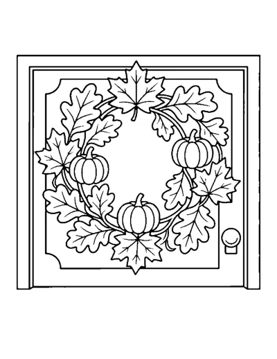 Autumn Wreath on a Door Coloring Page: free printable line art