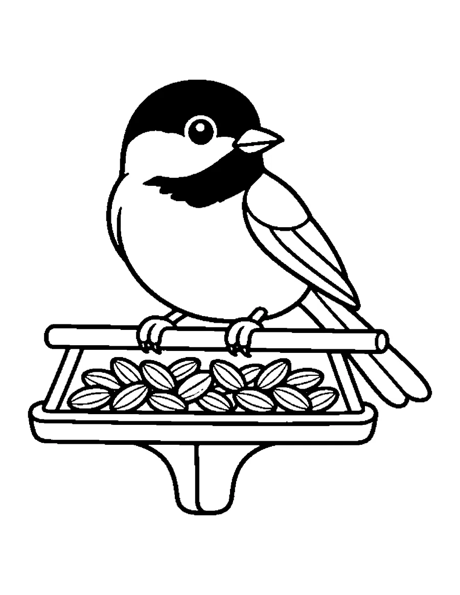 Black-capped Chickadee Coloring Page: Chickadee on a mitten-shaped garden feeder with sunflower seeds. Thick lines and big spaces, easy to color for beginners and seniors.