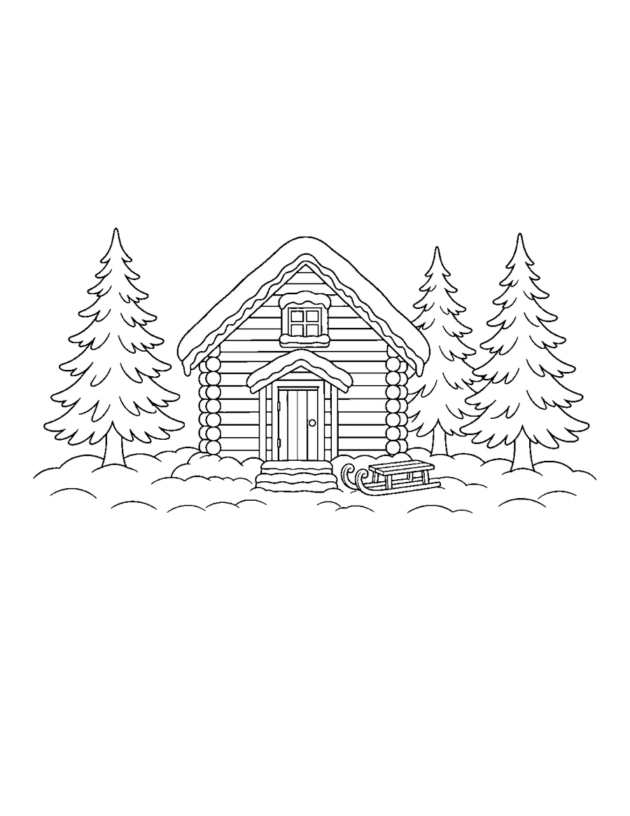 Log cabin with pine trees and a sled in deep snow, winter coloring page for seniors