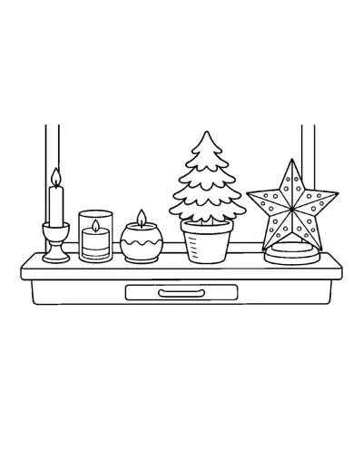 Hygge Candle Windowsill Coloring Page: free printable line art