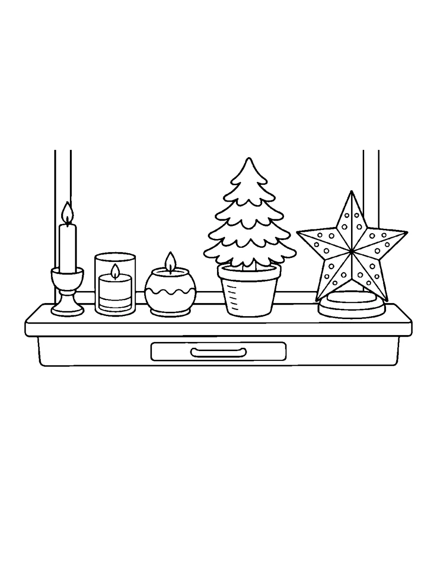 Windowsill with candles, a potted fir tree and a star lantern, hygge Christmas coloring page