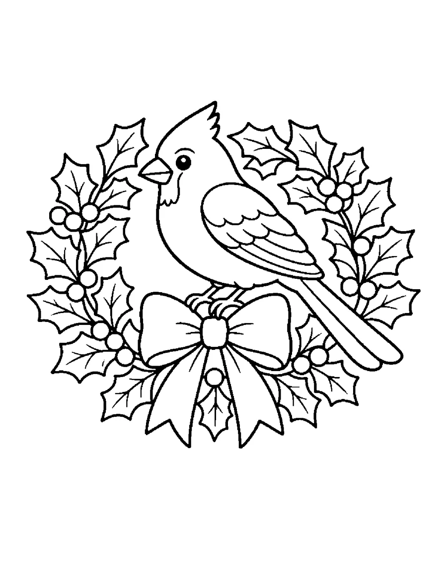 Cardinal bird sitting on a holly Christmas wreath with a large bow, large print coloring page
