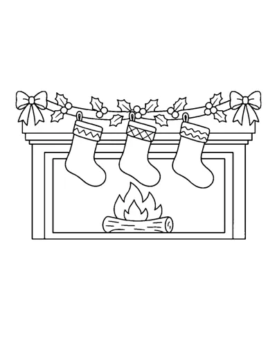 Christmas Stockings by the Fireplace Coloring Page: free printable line art