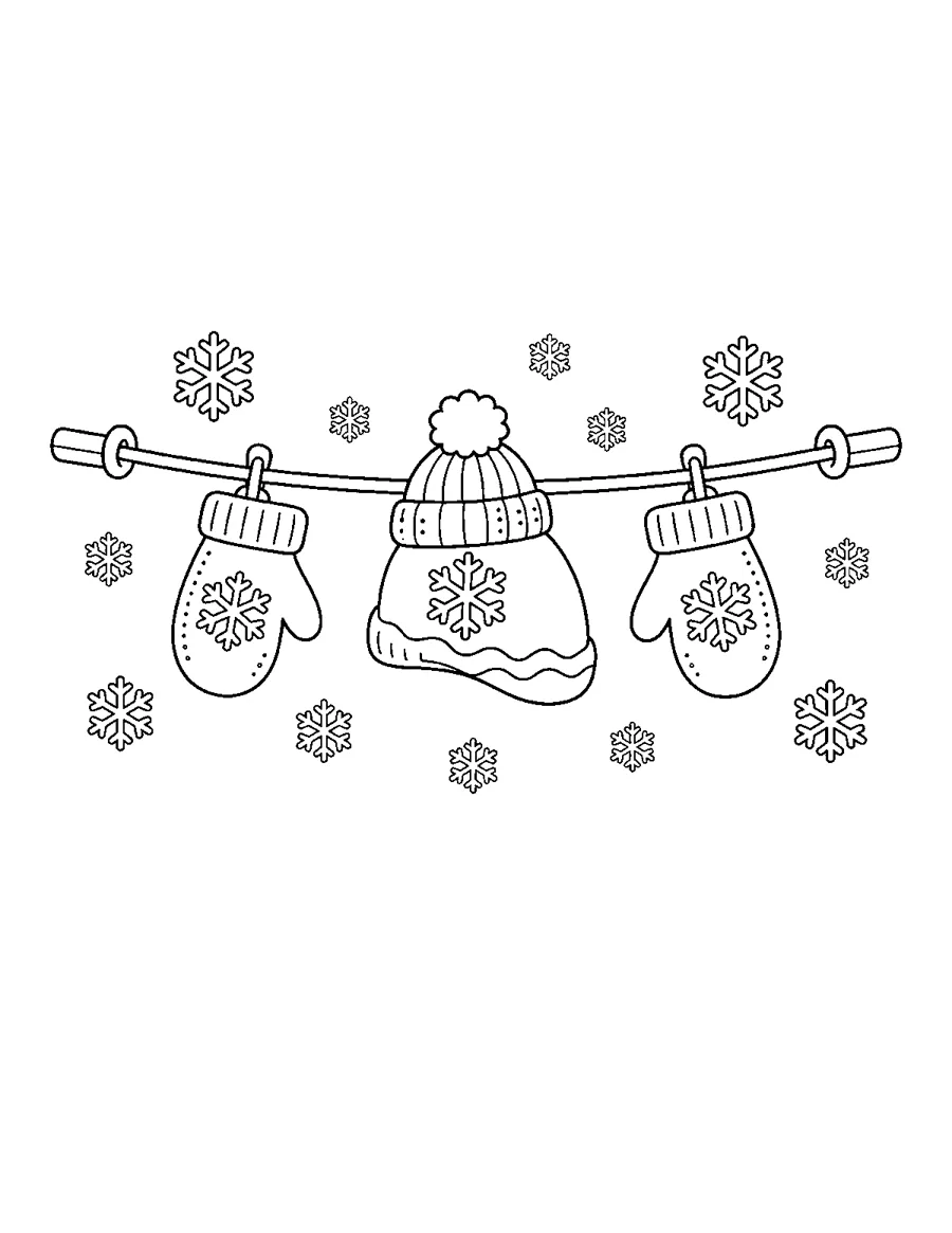 Knitted mittens and hat on a clothesline with snowflakes, winter coloring page