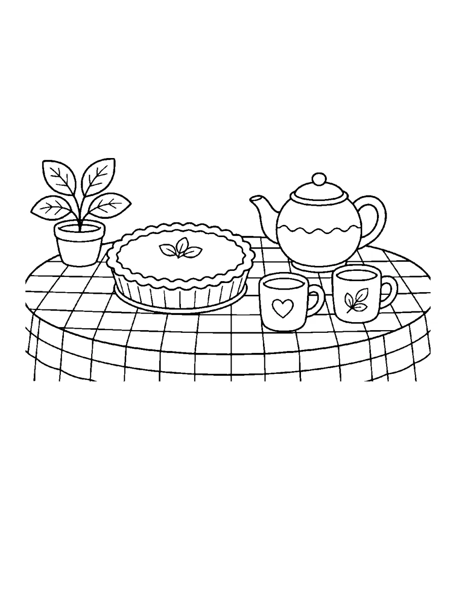 Pumpkin pie, teapot and two mugs on a checked tablecloth, Thanksgiving coloring page