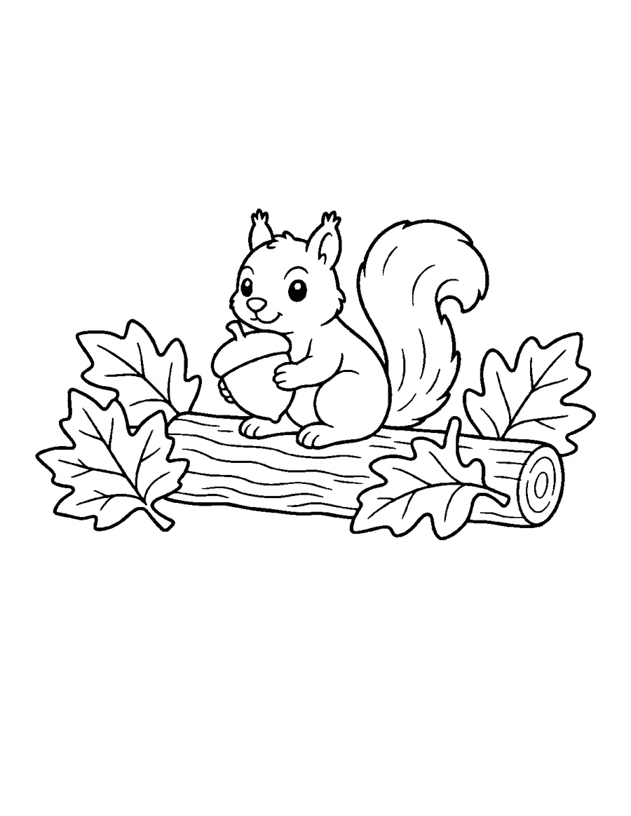 Squirrel holding an acorn on a log with fallen leaves, autumn coloring page