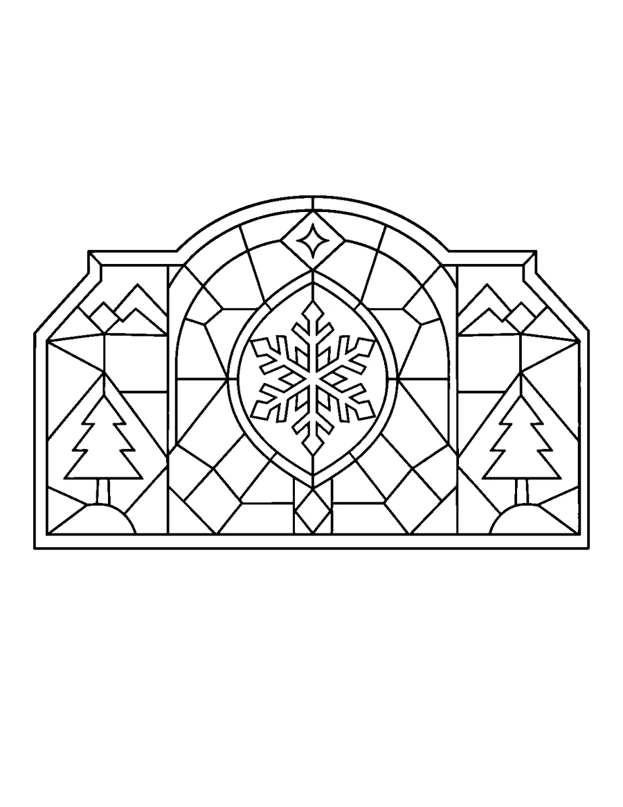 Stained glass winter window with snowflake and pine trees, coloring page
