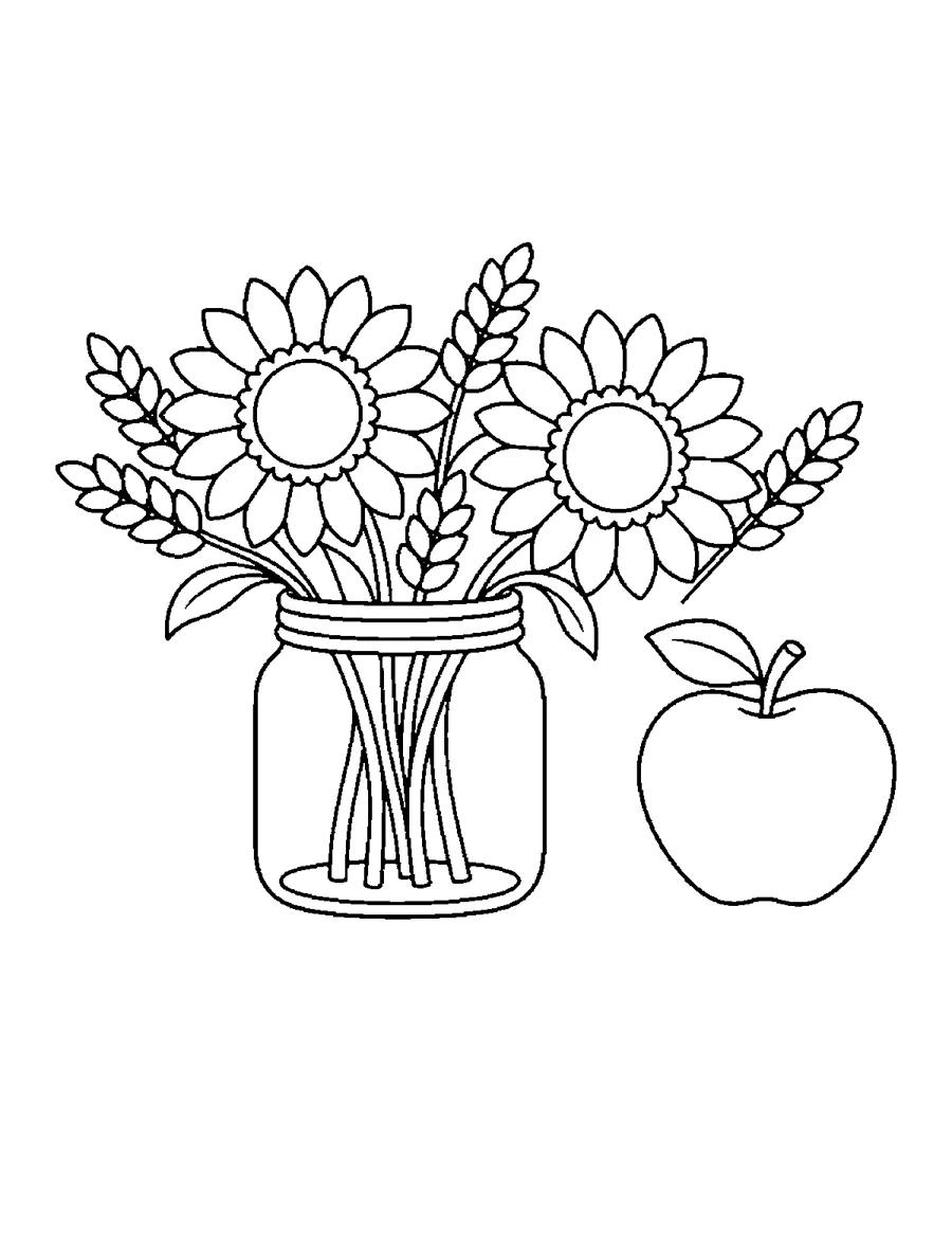 Mason jar of sunflowers and wheat beside an apple, Thanksgiving coloring page